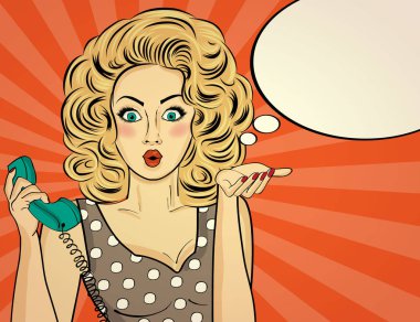 Retro telefonda Sohbet sürpriz pop art kadın. Komik kadın wi