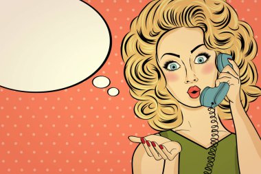 Retro telefon, onun sırlarını söyleyen sürpriz pop sanat kadınla.