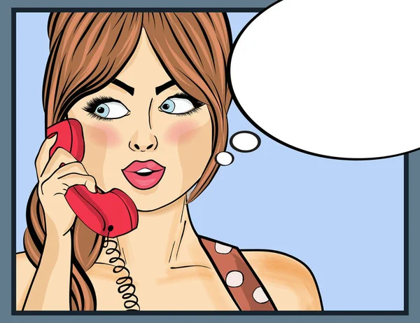 Pop art mujer charlando por teléfono retro. Mujer cómica con habla — Archivo Imágenes Vectoriales