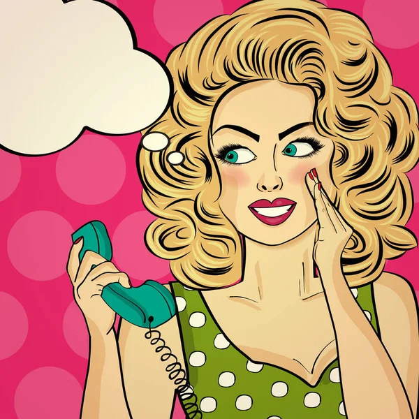 Kobieta zaskoczony pop artu z telefon retro, który mówi jej tajemnice. — Wektor stockowy