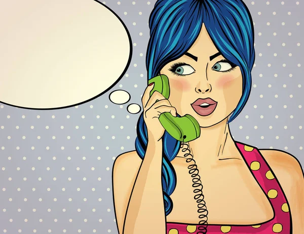 Sorpresa pop art donna in chat sul telefono retrò. Donna fumetto wi — Vettoriale Stock