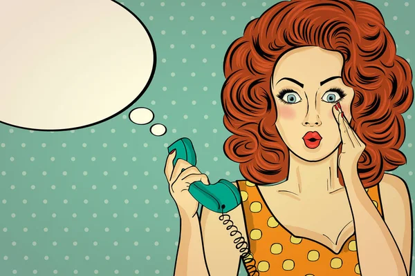 Popart verrast vrouw met retro telefoon, die haar geheimen vertelt. — Stockvector