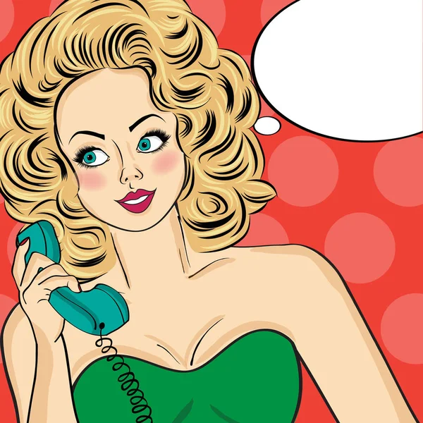 Sexy pop art woman in party dress talking on a retro phone and s — Stock Vector