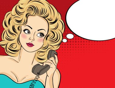 Bir retro telefon ve s konuşuyor parti içinde seksi pop art kadın