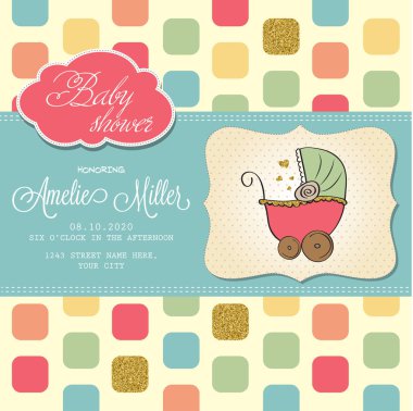 Beautiful baby shower card template with golden glittering detai clipart