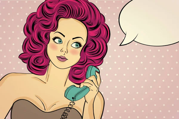 Sexy mujer de arte pop en vestido de fiesta hablando en un teléfono retro y s — Archivo Imágenes Vectoriales