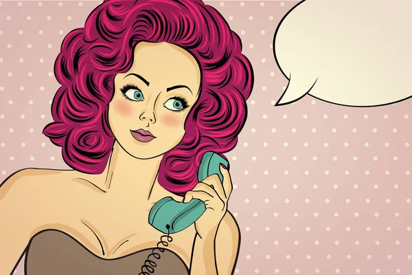 Sexy pop art woman in party dress talking on a retro phone and s — Stock Vector