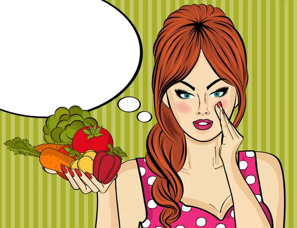 自分の手で野菜を持つセクシーなポップアート女性 — ストックベクタ