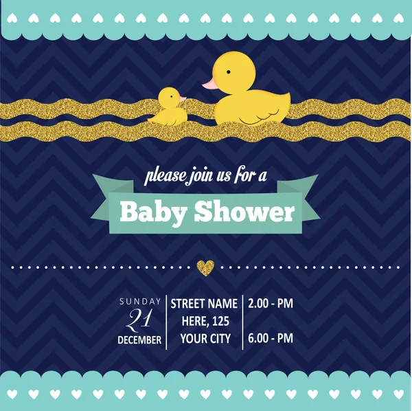 Szép baby shower kártya sablon, arany csillogó részletek — Stock Vector