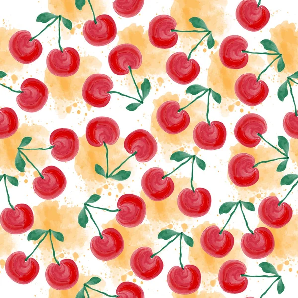 Fresh watercolor summer pattern with cherries, — Stock Vector