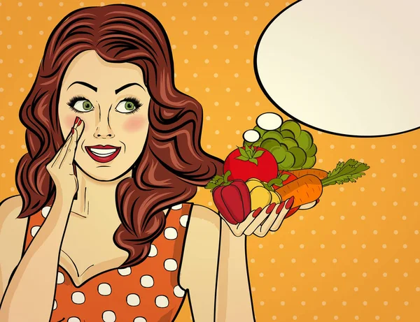 彼女の手で野菜を持つ赤髪の女性 — ストックベクタ