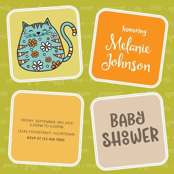 Modelo de cartão de banho de bebê com gato doodle gordura —  Vetores de Stock
