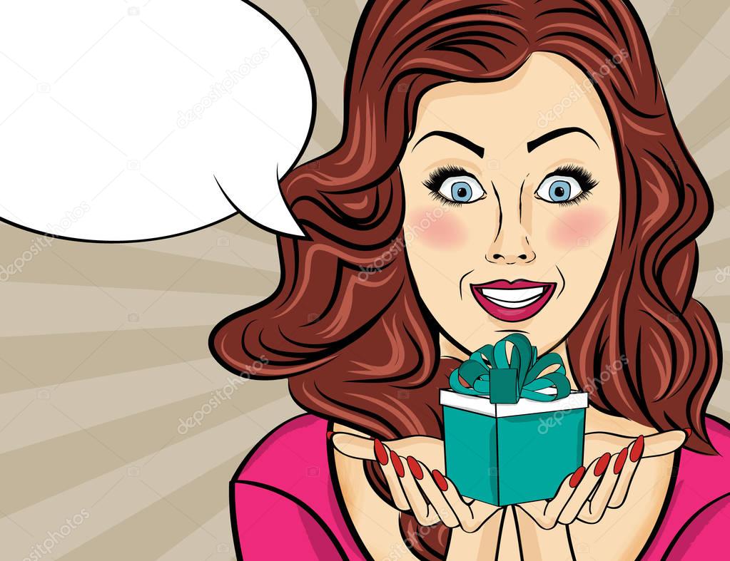 the  red-haired lady with gift in her hands