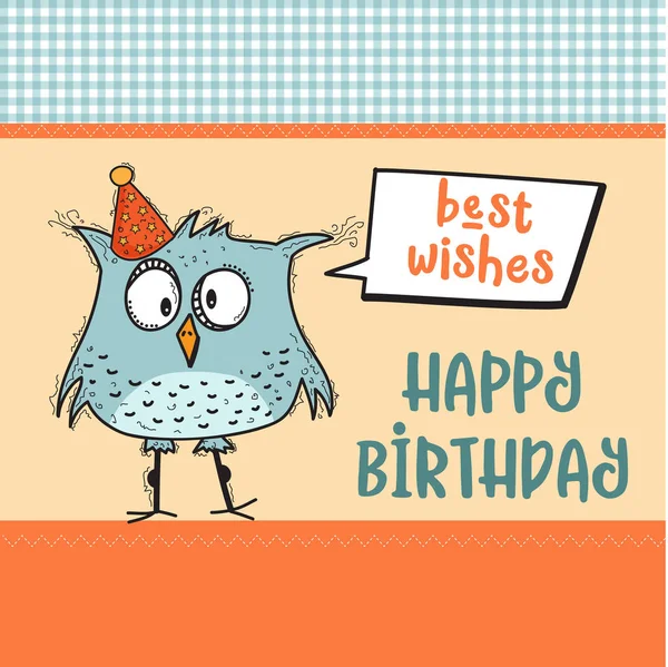 Mutlu doğum günü kartı ile komik doodle kuş — Stok Vektör