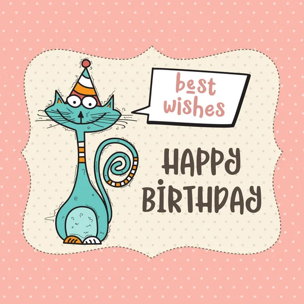 Happy birthday card with funny doodle cat — Stock Vector