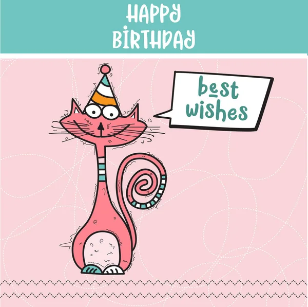 Happy birthday card with funny doodle cat — Stock Vector