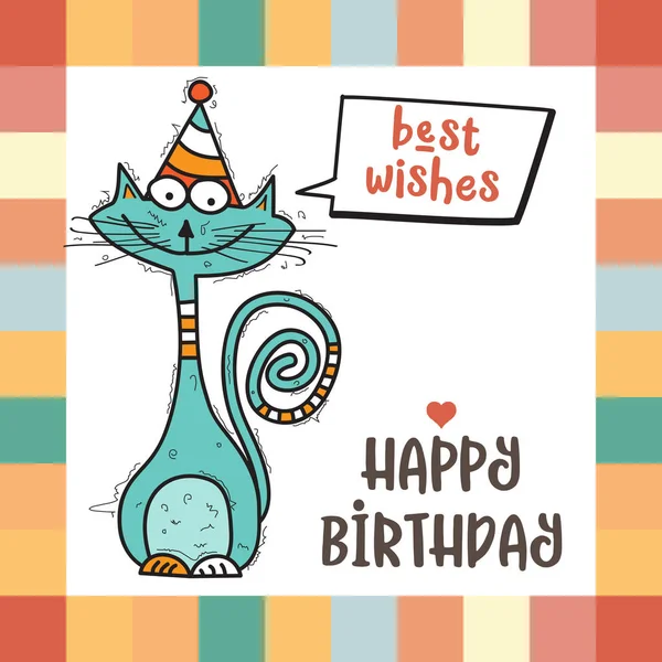 Happy birthday card with funny doodle cat — Stock Vector