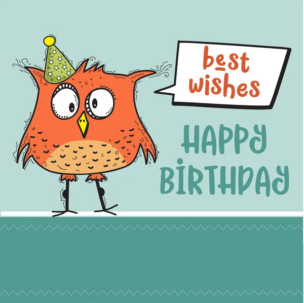 Happy birthday card with funny doodle bird — Stock Vector