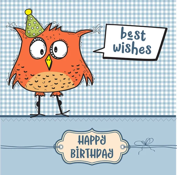 Tarjeta de cumpleaños feliz con divertido pájaro garabato — Vector de stock