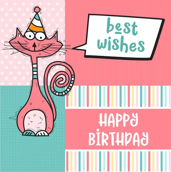 Happy birthday card with funny doodle cat — Stock Vector