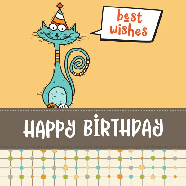 Happy birthday card with funny doodle cat — Stock Vector