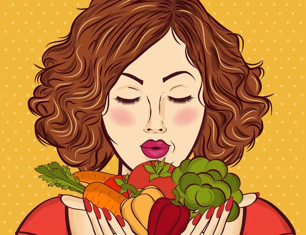 Wanita berambut merah cantik dengan sayuran di tangannya - Stok Vektor