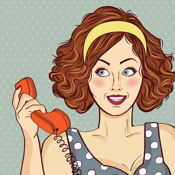 美丽的 red-haired 女士, 与复古手机交谈 — 图库矢量图片