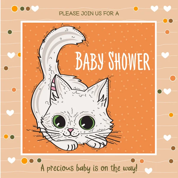 Baby shower card template with funny doodle kitten — Stock Vector