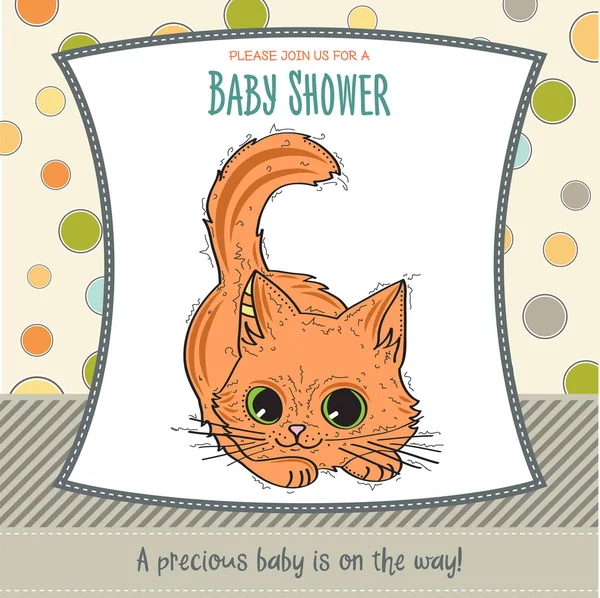 Baby shower card template with funny doodle kitten — Stockvector