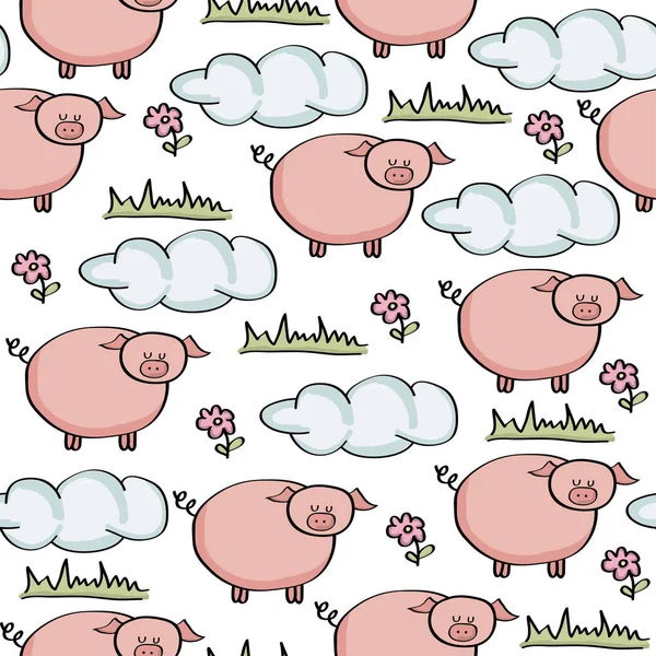 Doodle seamless pattern with pig — стоковый вектор