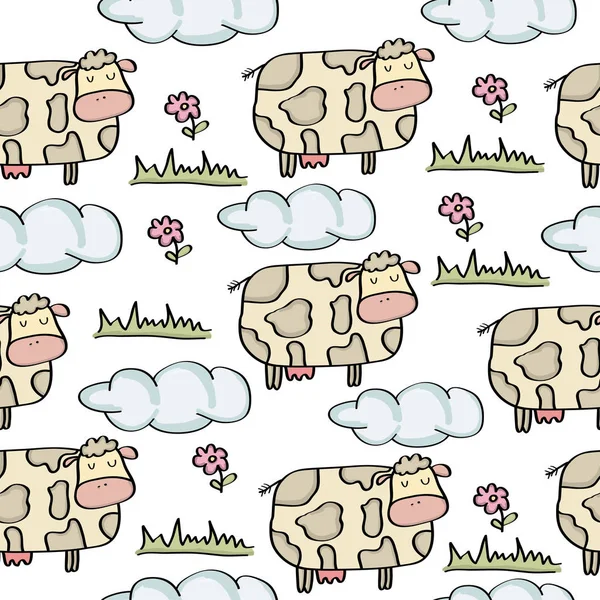 Doodle seamless pattern with cows — Stock Vector
