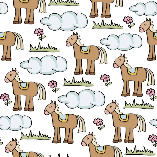 Doodle seamless pattern with horses — Stock Vector