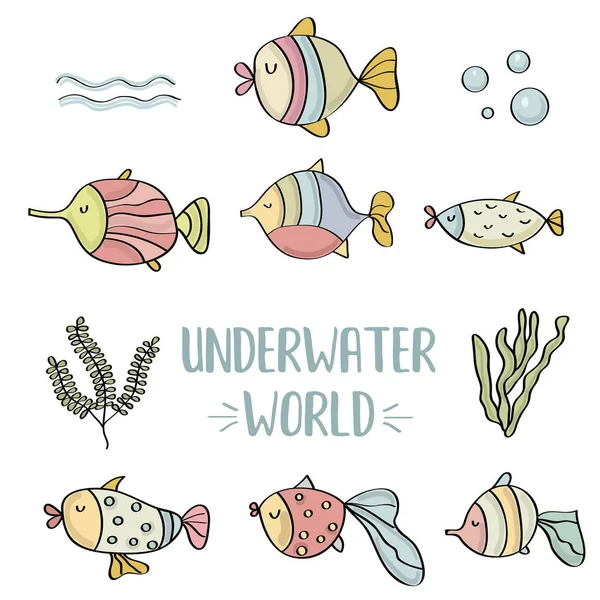 Doodle fishes set, underwater world — Stock Vector