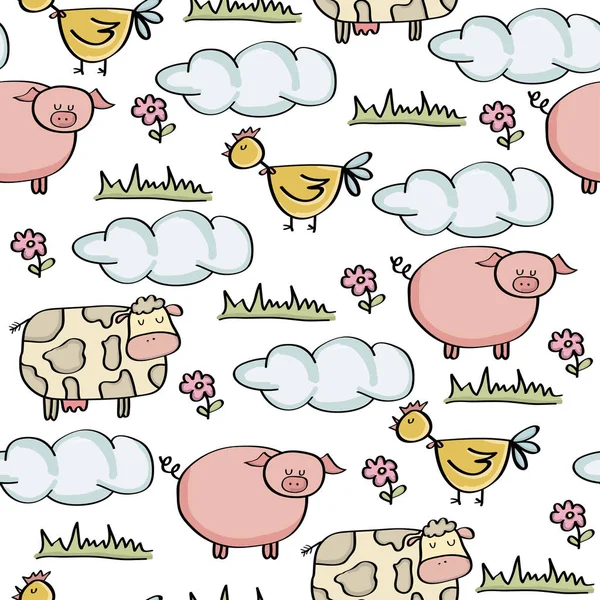 Doodle seamless pattern with animal farm — Stock Vector