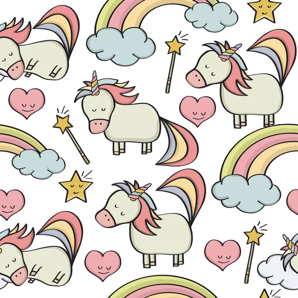 Pola doodle mulus dengan unicorn dan fantasi magis lainnya - Stok Vektor