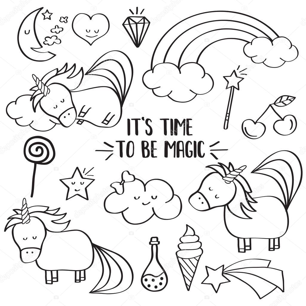 Doodle items collection with unicorns and other fantasy magical 