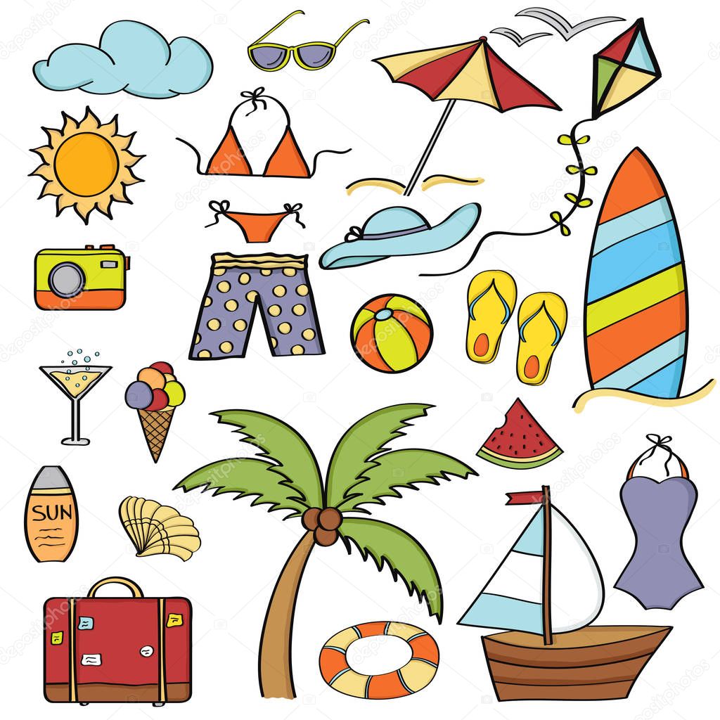 Doodle cartoon items summer holiday collection