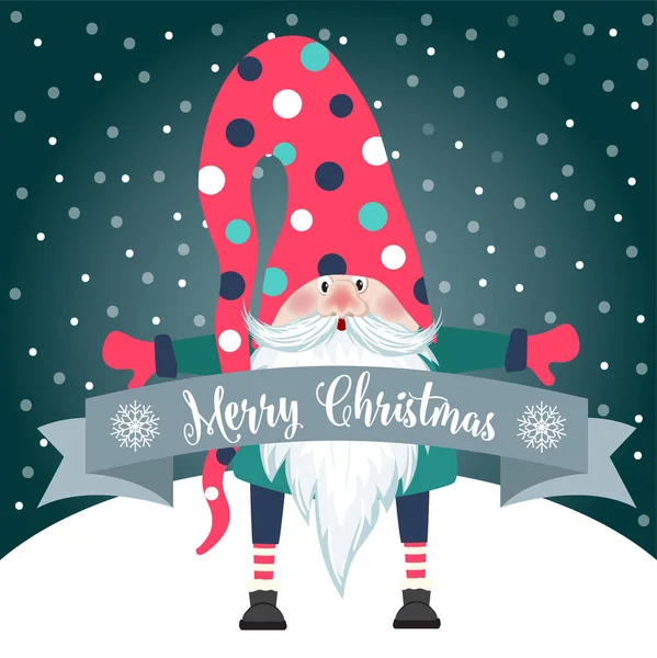 Christmas card with cute gnome and wishes. Flat design. Vector — Stock Vector