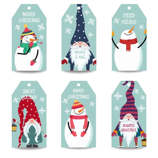Étiquettes de Noël collection avec bonhomme de neige et gnomes isolé ite — Image vectorielle