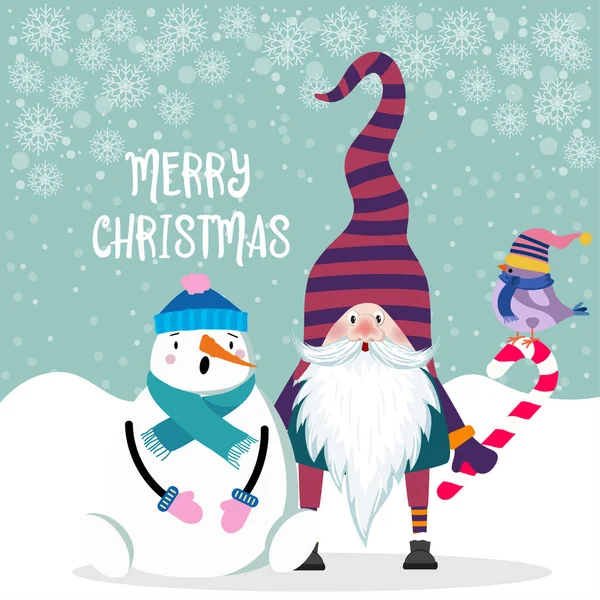 漂亮的平面设计圣诞卡雪人和侏儒。 Christm — 图库矢量图片