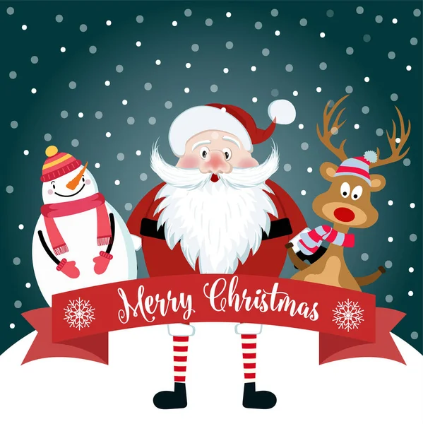 Cartão de Natal com bonito Papai Noel, boneco de neve e renas. Desejo plano — Vetor de Stock