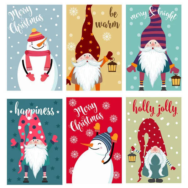 Collection de cartes de Noël avec bonhomme de neige et gnomes. Des étiquettes. Bâton — Image vectorielle