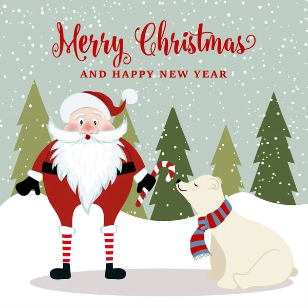 Прекрасна різдвяна листівка з Санта і білим ведмедем. Різдвяний пиріг — стоковий вектор