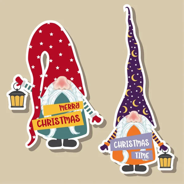 Christmas stickers collection with cute gnomes. Flat design — Stock Vector