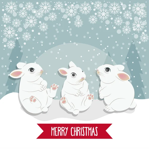 Χριστουγεννιάτικη κάρτα με κουνέλια. Χριστουγεννιάτικο φόντο. Επίπεδη σχεδίαση. — Διανυσματικό Αρχείο