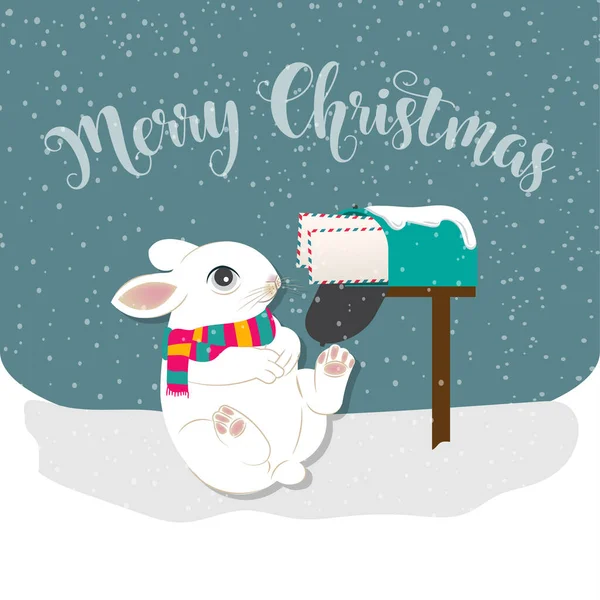 Cartão de Natal com coelho, fundo de Natal. Projeto plano . — Vetor de Stock