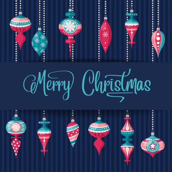 Χριστουγεννιάτικη κάρτα με χριστουγεννιάτικες μπάλες και ευχές. Χριστουγεννιάτικο φόντο — Διανυσματικό Αρχείο