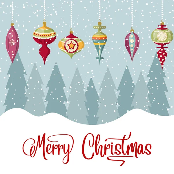 Χριστουγεννιάτικη κάρτα με μπάλες και ευχές. Χριστουγεννιάτικο φόντο. Επίπεδη — Διανυσματικό Αρχείο