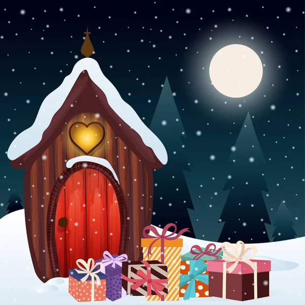 Escena mágica de Navidad con casa de gnomo y regalos — Vector de stock