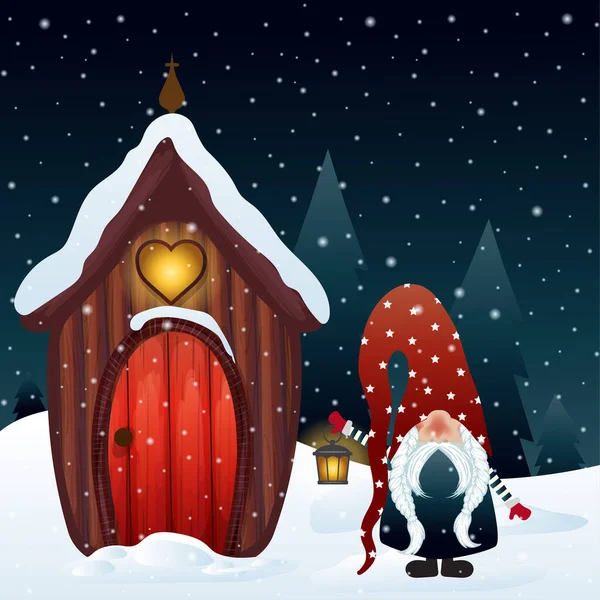 Різдвяна нічна сцена з гномом і його чарівним будинком — стоковий вектор